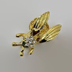 Bee Brooch, Trembler, Gold Tone, Rhinestone, Clear, Green, Insect, Bug, Vintage